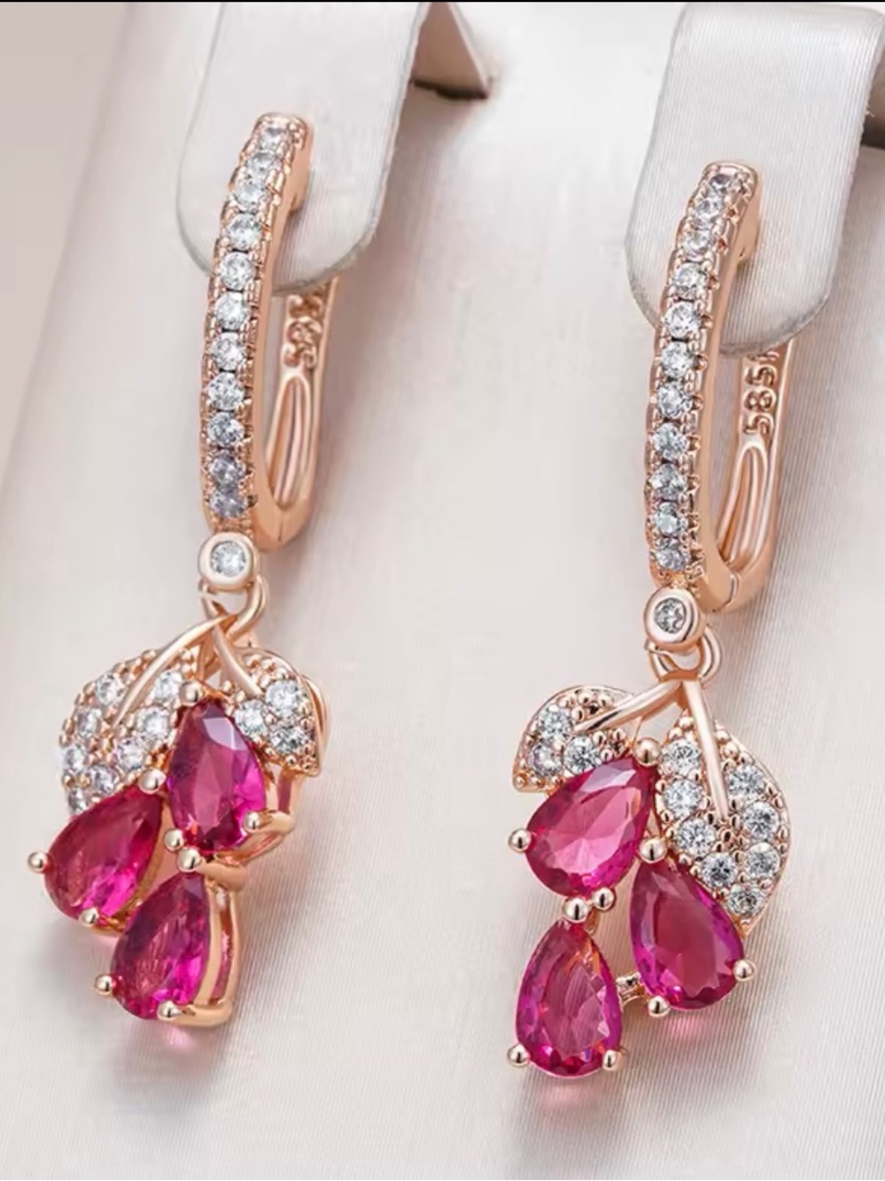 Rose Gold plated Pink Crystal Teardrop Dangle Earrings - Elegant Women Jewelry - Picture 7 of 9